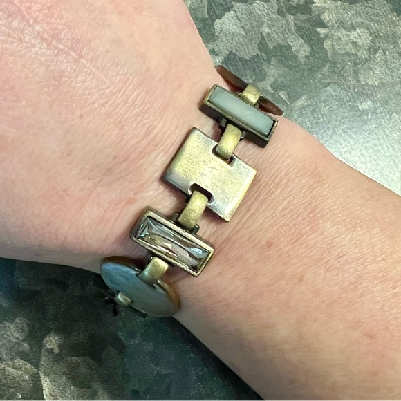 Dyrberg Kern MOP Mother of Pearl Brutalist Artisan Panel Link Bracelet Brushed - Picture 4 of 10